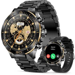 Smart Watch for Men Answer/Make Call for Android iPhone, 1.43" AMOLED HD Screen Mens Luxury Watch, 400mAh Heavy Duty Smartwatch Heart Rate Blood Oxygen Blood Pressure Sleep Monitor Pedometer, 2 Straps (Black)