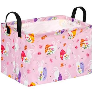 FUULOXE Rectangular Easter Basket Storage Bin for Shelves Cute Gifts Baskets Foldable Box with Handles for Boy and Girl Home Office Car Dormroom Easter Party Supplies, 14.5"L x 10.2"W x 9.4"H, rabbit