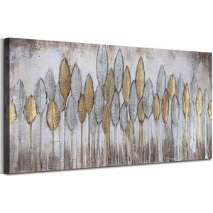 Acocifi Beige Neutral Canvas Wall Art Living Room, Large Abstract Gold Leaf Textured Painting, Modern Minimalist Picture Artwork Framed for Bedroom Dining Room Office Home Decor 48"x24"