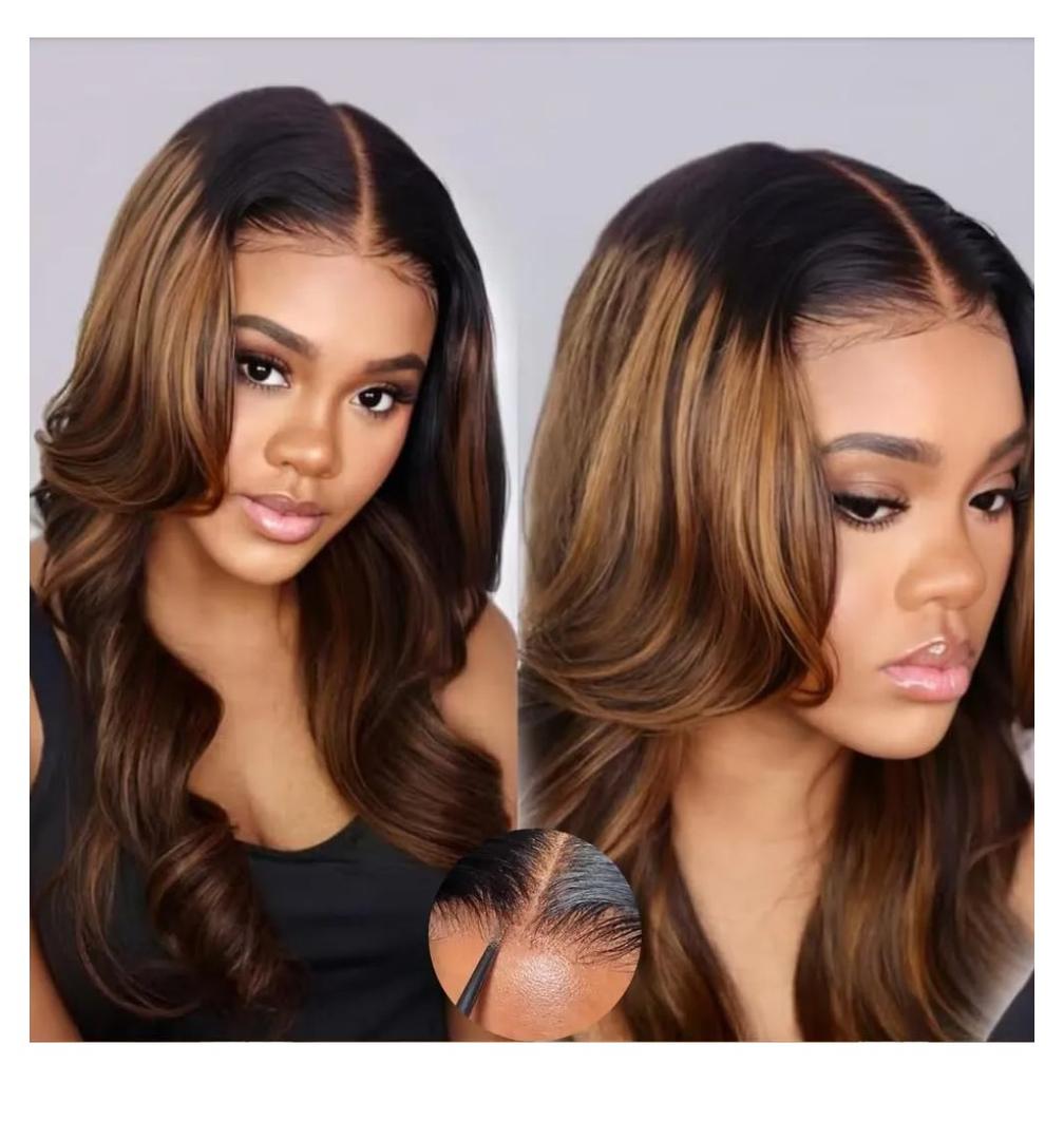 KLAIYI Bye Bye Knots Glueless Wig Ombre Brown Body Wave Pre Cut 7x5 Lace Front Wigs Human Hair Pre Plucked Pre Bleached Pre Everything Wear and Go Wig 12A Highlight Balayage 30S Ready To Go Wig 16Inch