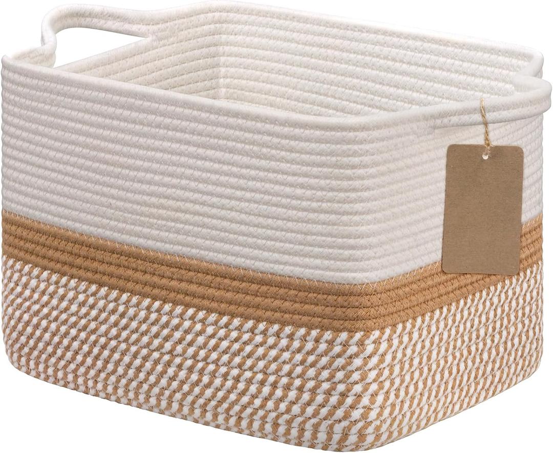 Goodpick Woven Storage Baskets for Organizing, Rectangle Cotton Rope Basket for Dog Toys Books Magazines, Stylish Gift Basket for Living Room Home Decor, 13" x 10" x 9", White & Camel Mix