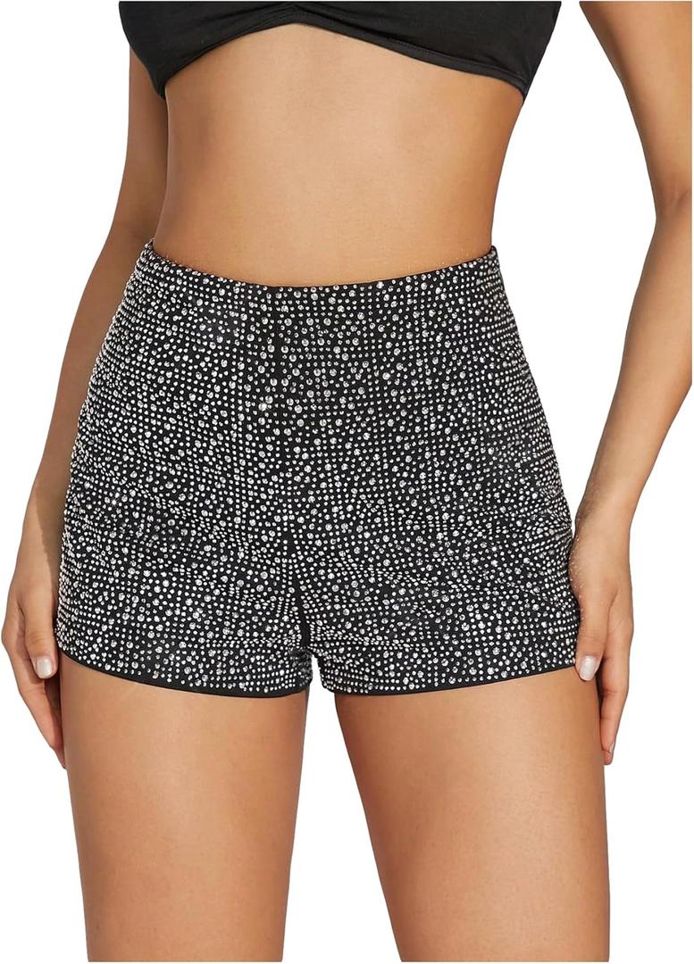 SHENHE Women's Sparkly Rhinestone Sexy High Waist Glitter Party Rave Mini Micro Shorts (Medium, Black)