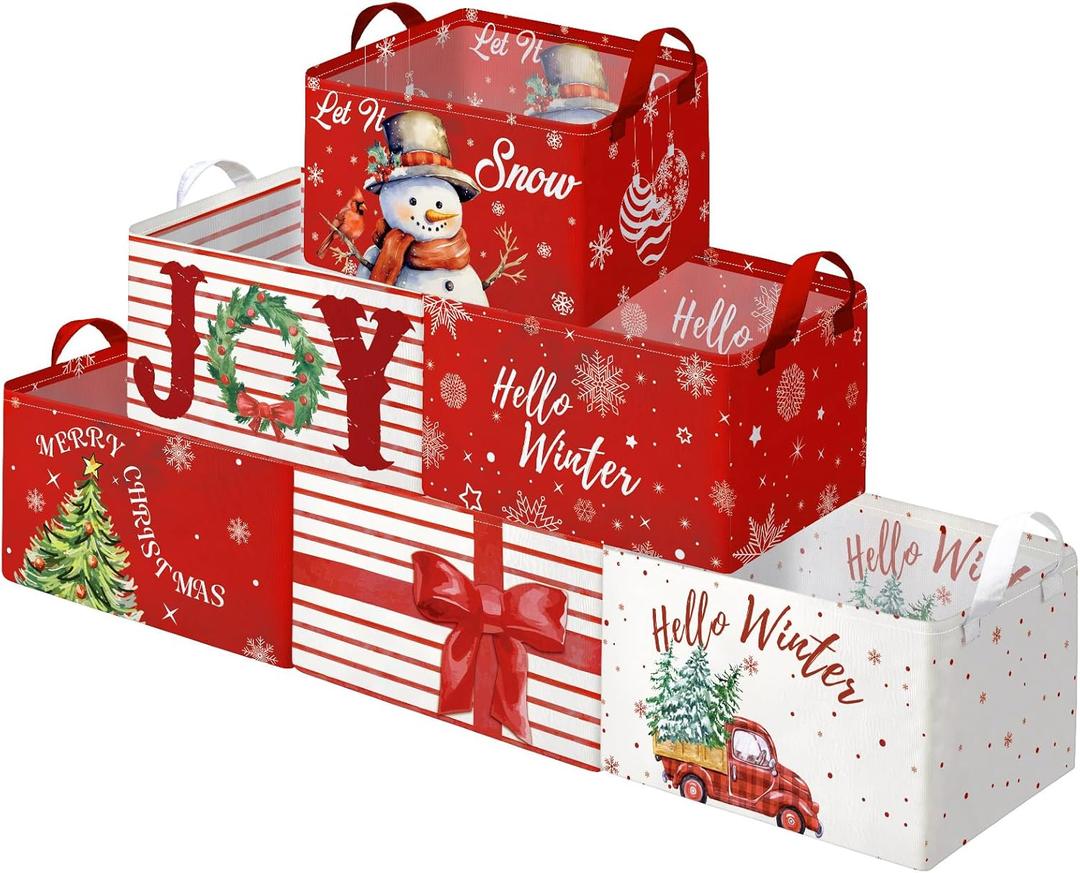 Maxcheck 6 Pcs Large Christmas Storage Basket Foldable Red Xmas Gift Basket Rectangle Merry Christmas Storage Boxes Bin Let It Snow Fabric Laundry Organizer with Handles for Cloth Toy