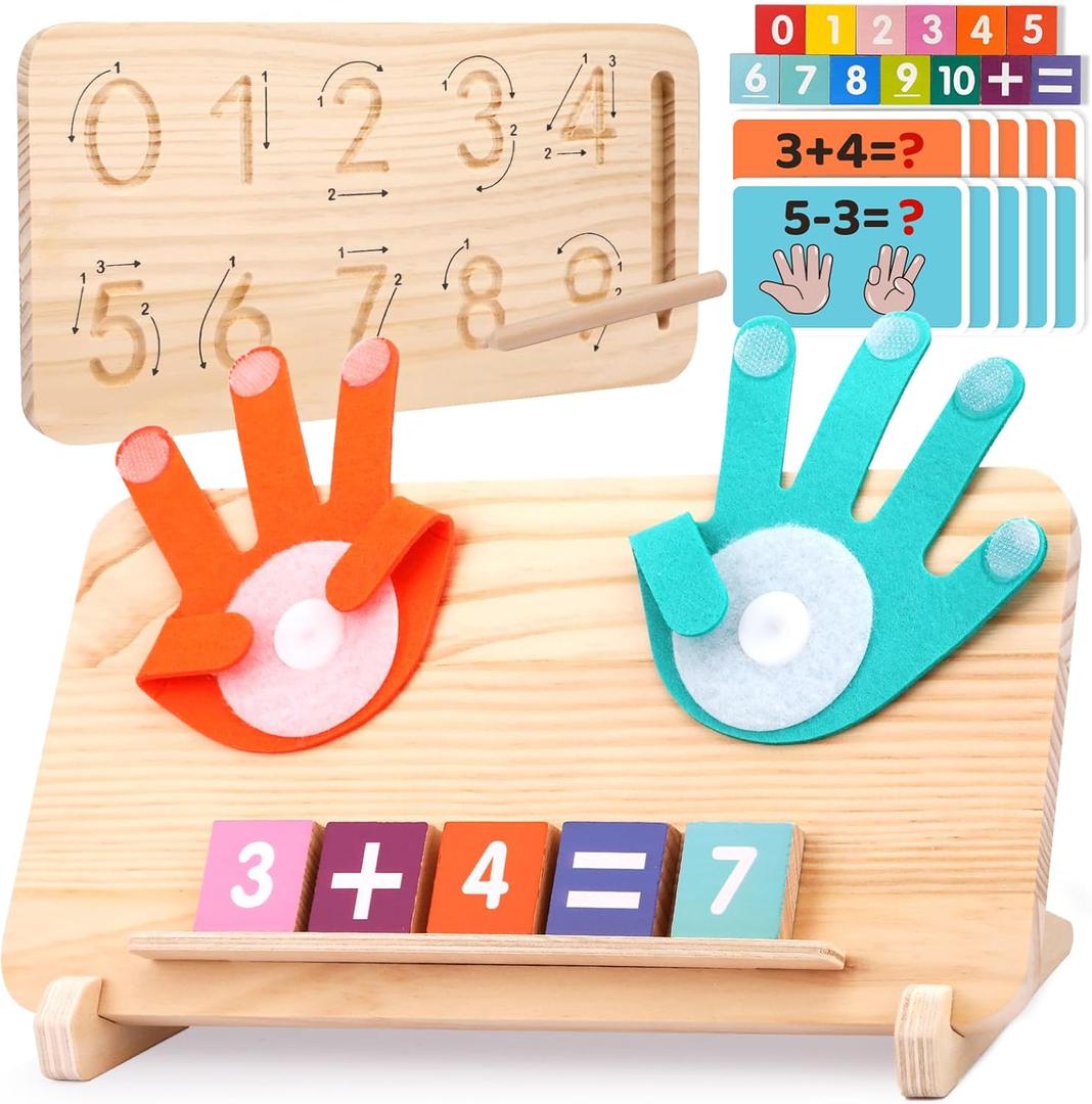 Montessori Learning Toys for Toddlers 2-4, Double-Sided Finger Counting & Number Tracing Board, Colorful Number Blocks, Solid Pine Wood Educational Math Toy for Kids Boys Girls Ages 1 3 5 Year Old