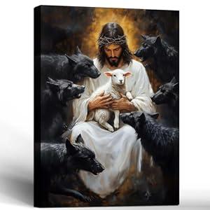 Framed Jesus Canvas Wall Art Jesus Holding Lamb Facing Black Wolf Wall Decor Picture Christian Poster Painting Decoration Unique Print Wall Decor Bedroom Church Decor 16x24 Inch