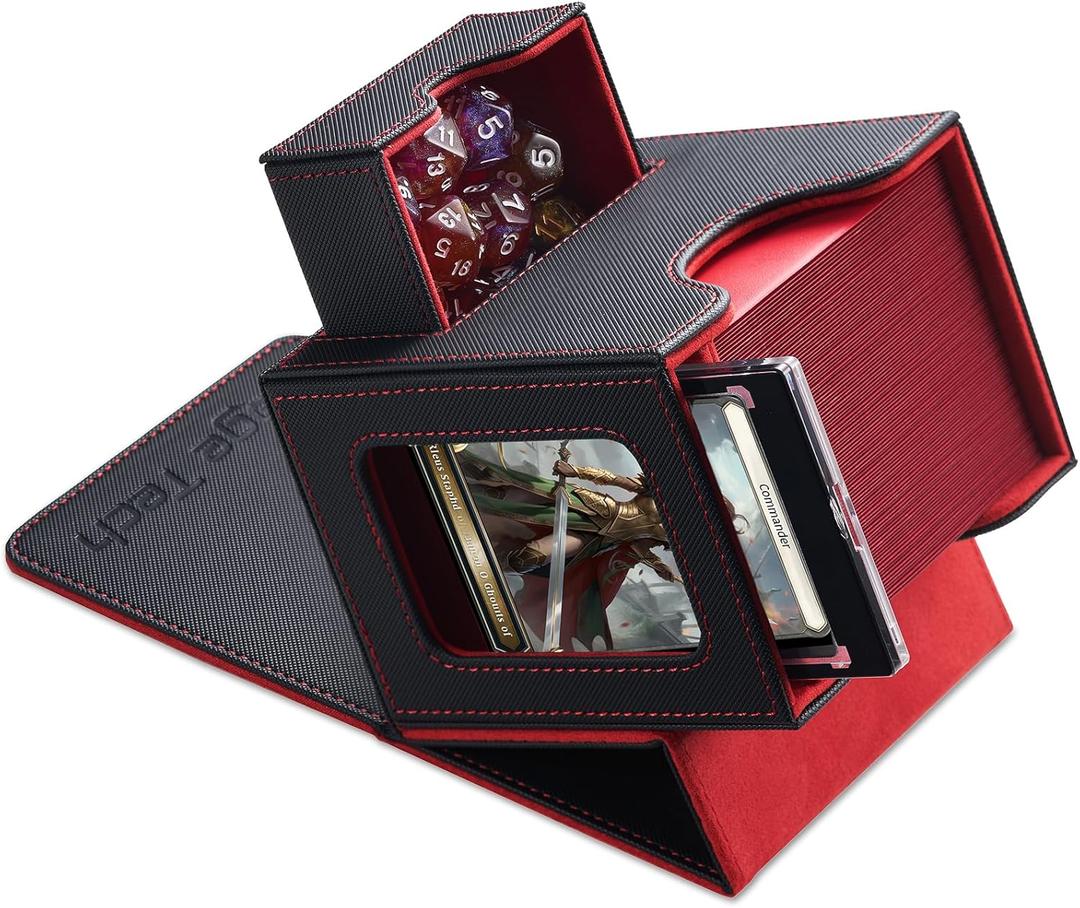 Mage Tech Card Deck Box for MTG Commander - Patented Design, Commander Display, Fits 100 Double-Sleeved Cards, 35pt Card Brick & Dice Tray - Black/Red