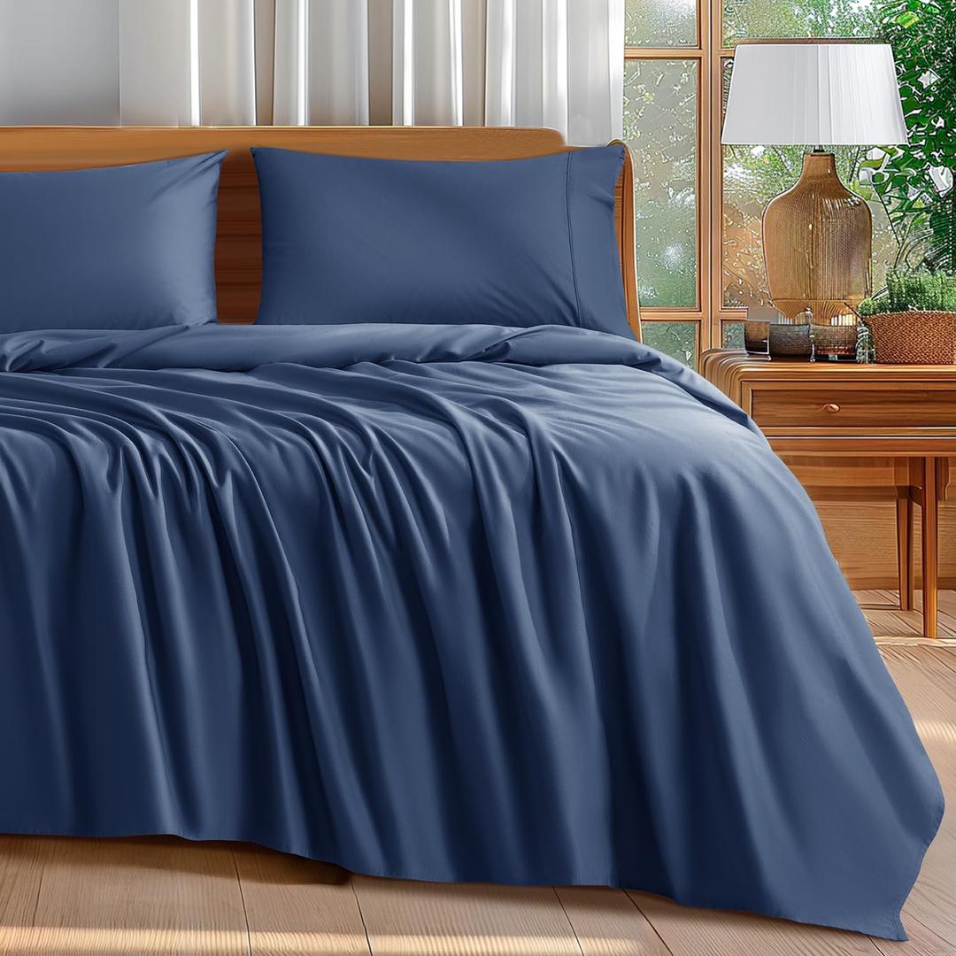 Shilucheng 100% Cotton Queen Size Sheets Set - 600 Thread CountLuxury Egyptian Cotton Bed Sheets5-Star Hotel Quality Sheets, Breathable & Cooling, 16 Inch Deep Pocket - 4 Piece (Navy Blue, Queen)