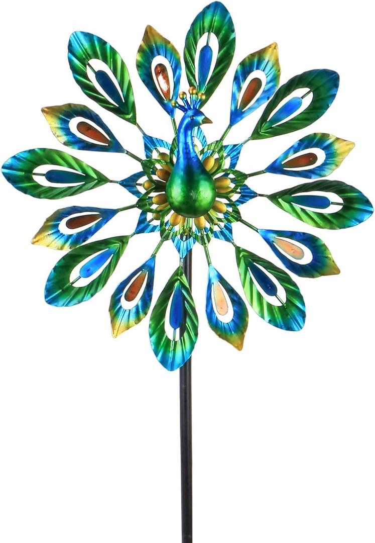 MUMTOP Wind Spinner 51 Inch Peacock Wind Spinner Outdoor Metal with Double Wind Sculpture for Patio, Lawn & Garden Decor (Green)