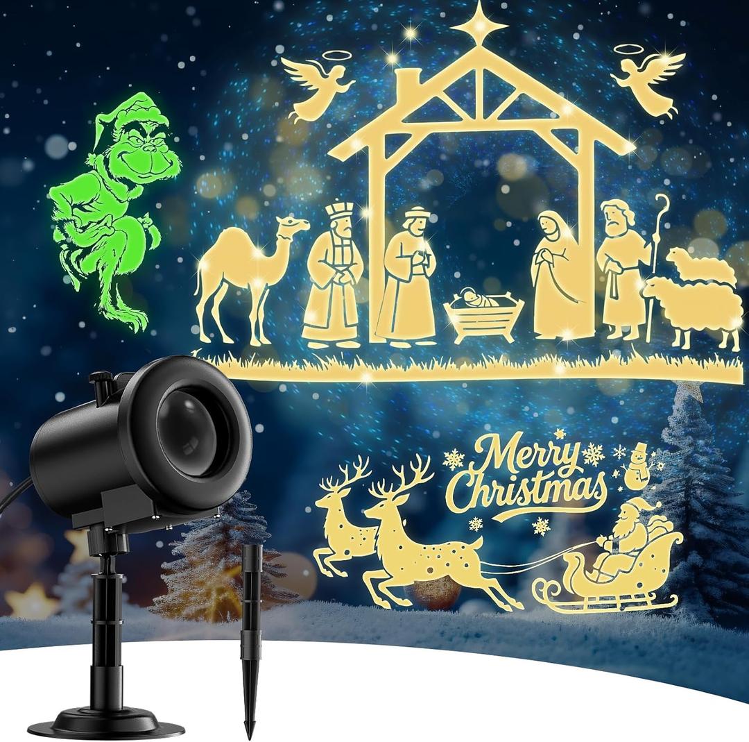12 in 1 Nativity Scene Christmas Projector Lights Outdoor Indoor - 3D Dynamic Jesus/Santa Sleigh/Ghost/Spider/Bat Christmas Decorations, Waterproof Holiday Lights for Window Wall Party Holiday Decor