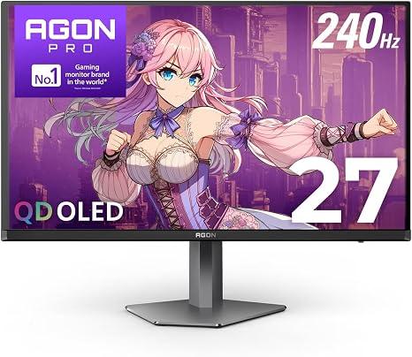 AOC Agon PRO 27" QD-OLED Gaming Monitor, QHD 2560x1440, 240Hz, 0.03ms GtG, HDR400 True Black, Adaptive Sync, Height Adjustable, DisplayPort, HDMI, USB, Built-in Speakers, AG276QZD2