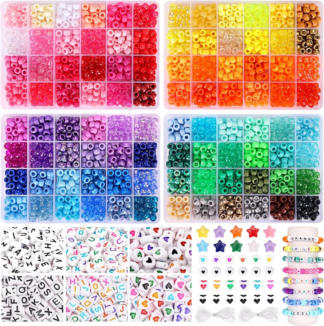QUEFE 96 Colors 3000pcs Pony Beads Bracelet Making Kit Friendship Bracelet Kit Rainbow Kandi Beads with Letter and Heart Beads Elastic Threads for Jewelry Necklace Making