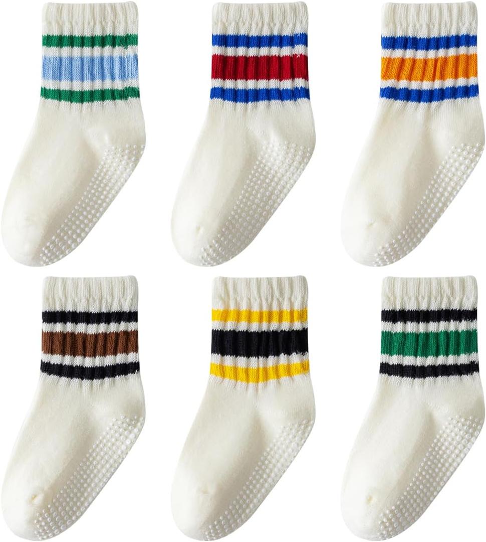 Toddler Grip Socks with Non-Slip, Unisex Baby Retro Stripe Seamless Crew Ankle Cotton Socks for Girls Boys 6 Pairs (3-5T)