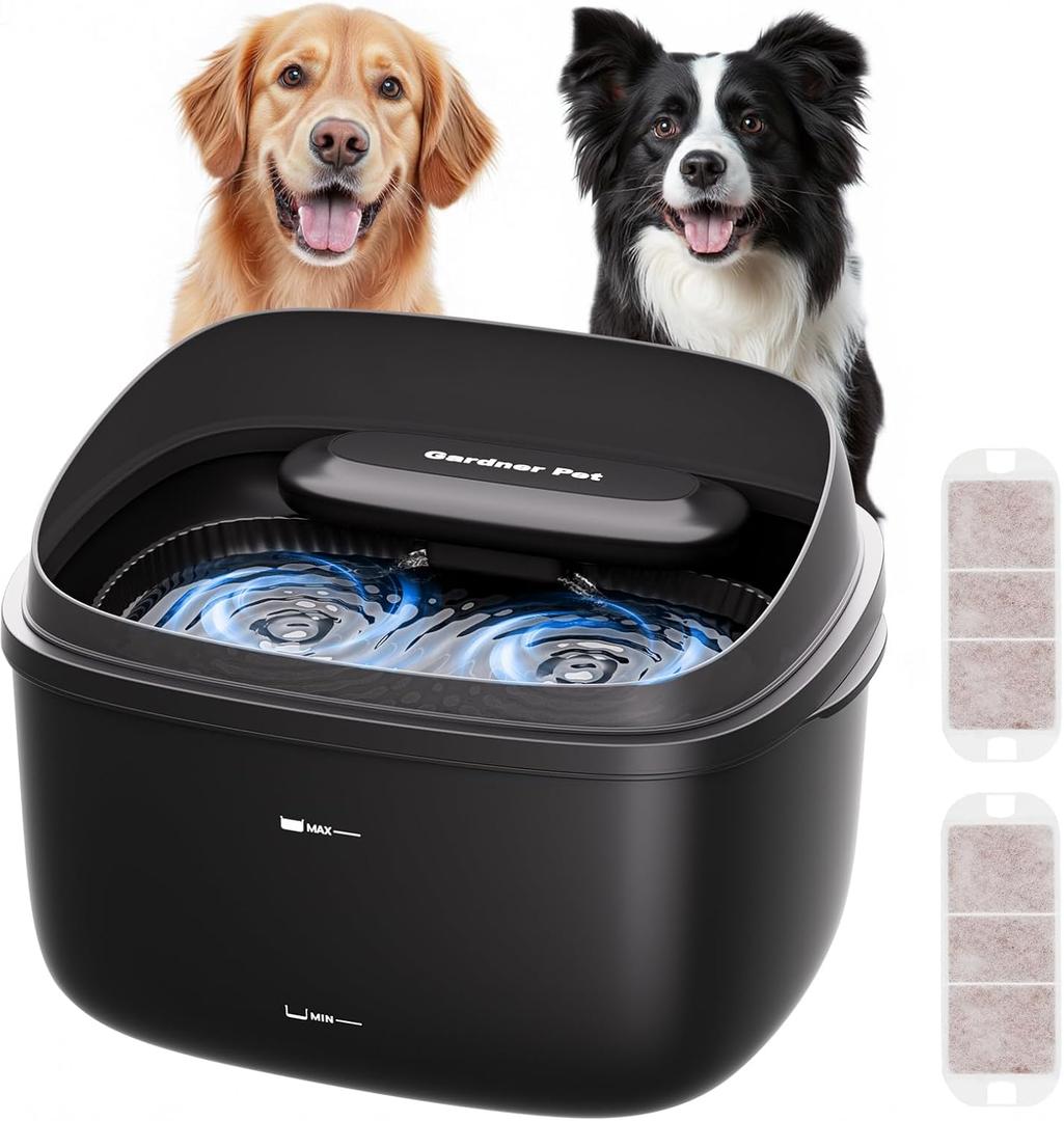 Gardner Pet Dog Water Fountain for Large Dogs, 8L/2.1Gal Large Capacity Automatic Dog Water Bowl Dispenser with Vortex Circulation, UV&Maifan Stone Filter, Quiet Dog Water Bowl, Black (Without Adapter)