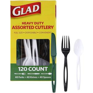 Glad Disposable Cutlery Set with Heavy Duty Plastic Forks, Knives, and Spoons, Reusable Dishwasher Safe Plastic Utensils for Parties and Everyday Use - Green, White, & Black, 120 Count