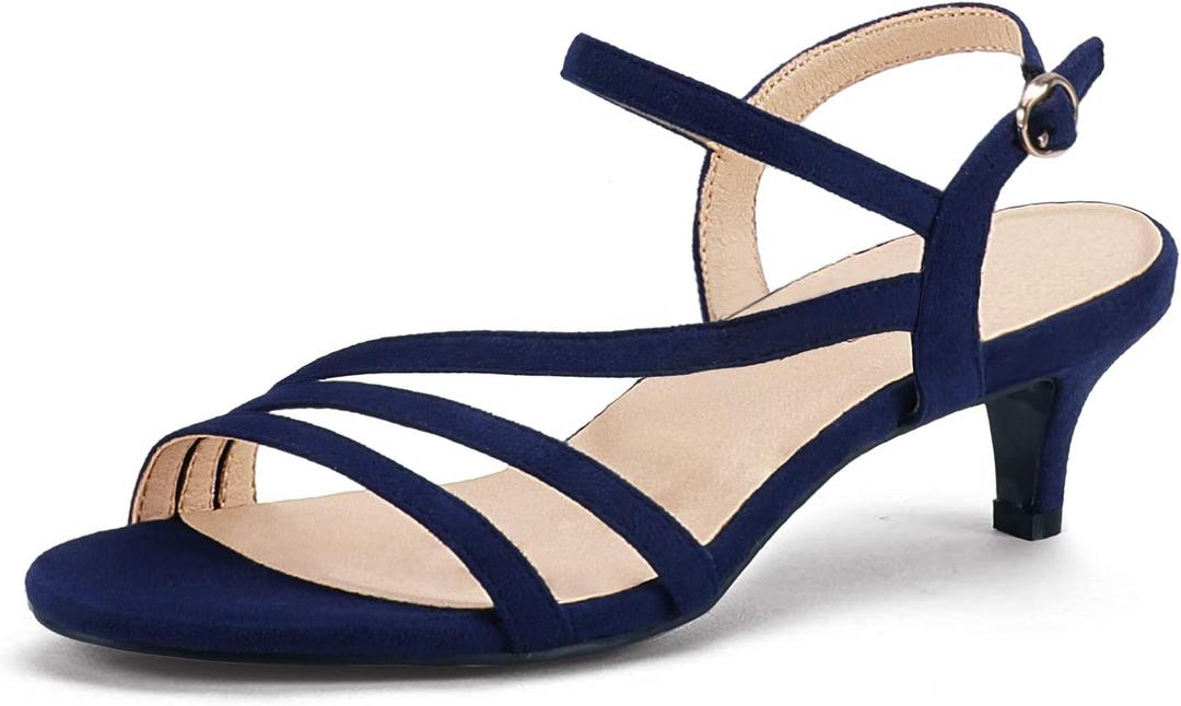 IDIFU Women's Dressy Strappy 2 Inch Low Kitten Heel Open Toe Sandals Dress Shoes for Woman Lady in Bridal Dance Evening(Blue Suede, 7.5)