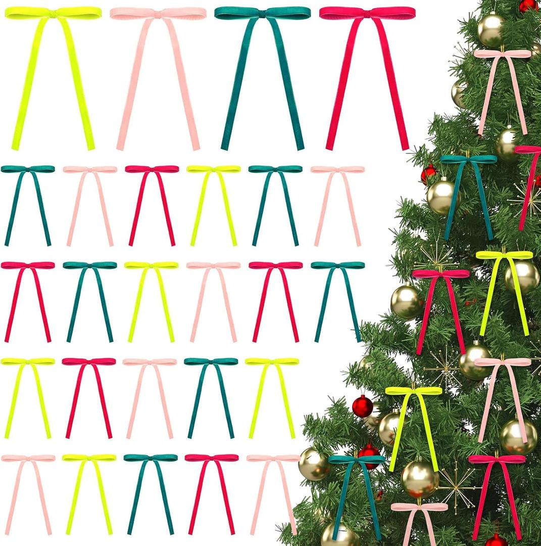 36 Pcs Colorful Velvet Bows for Christmas Tree Vintage Christmas Bows Ornaments Wreath Decor Premade Velvet Ornaments for Xmas Tree Wreaths Gift Home Decor (Yellow, Red, Pink, Blue)