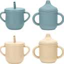 Silicone Toddler Cups Set, 2 Straw Cups and 2 Sippy Cups for 6+ Months Baby, Leakproof Spillproof Training Cups with Handles, Easy Clean (Blue+Beige), 3.6 inches x 3 inches
