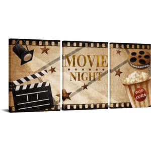 HOMEOART Home Movie Theater Room Decor Home Theater Painting Movie Night Decor Sign Vintage Brown Stretched Framed Ready to Hang 12"x16"x3 Pieces