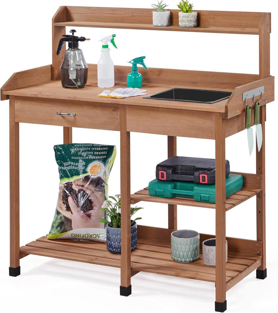 Yaheetech Potting Bench Outdoor Garden Work Bench Station Planting Solid Wood Construction for Horticulture w/Sink Drawer Rack Shelves Brown (115L  45W  121H")