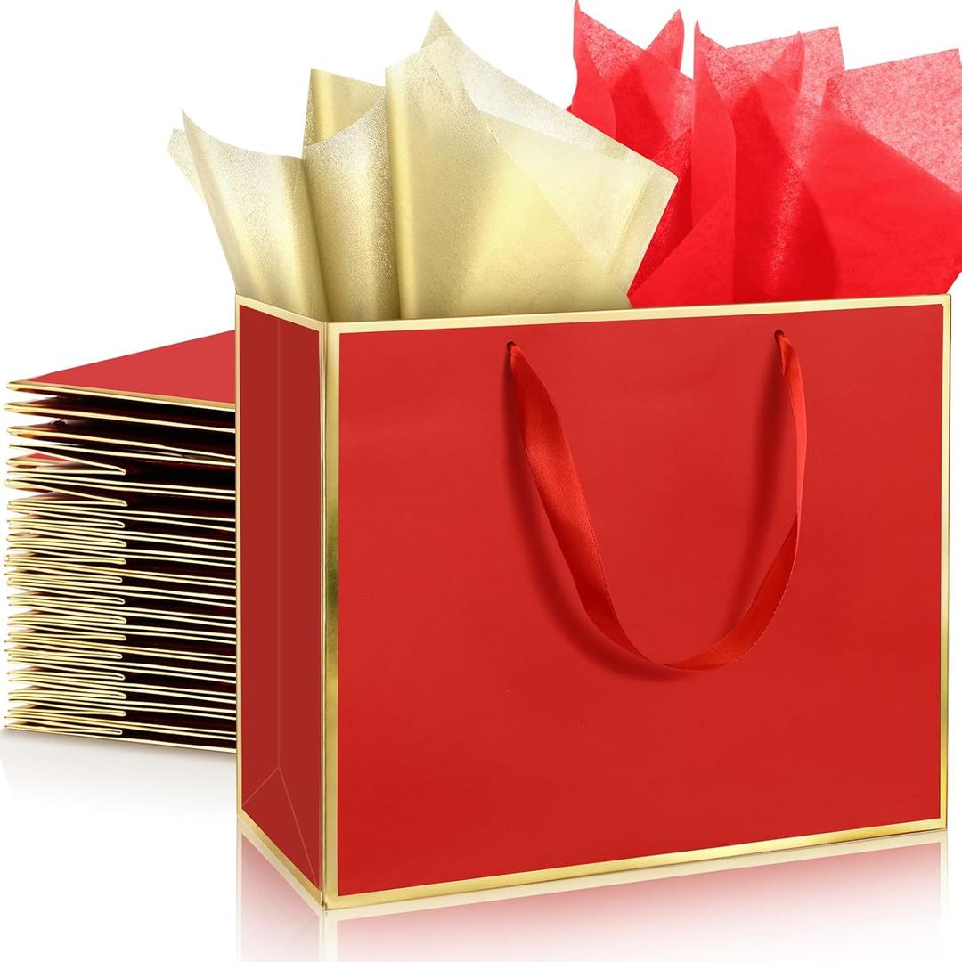 ReliThick 12 Pack Metallic Paper Gift Bag with Handles and Tissue Paper 11.8 x 10 x 4'' Thank You Favor Bag for Graduation Mother's Day Wedding Bridesmaid Groomsman 5 Senses Gifts (Red,Gold)