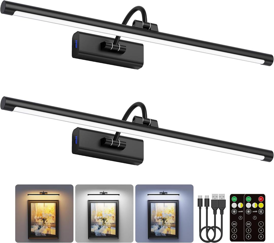 2 Pack Light for Pictures on Wall Black 8000mAh - 24" Cordless Battery Powered Wall Mount Sconce with Dimmable Remote for Oversized Artwork & Gallery, 24IN 2Pack