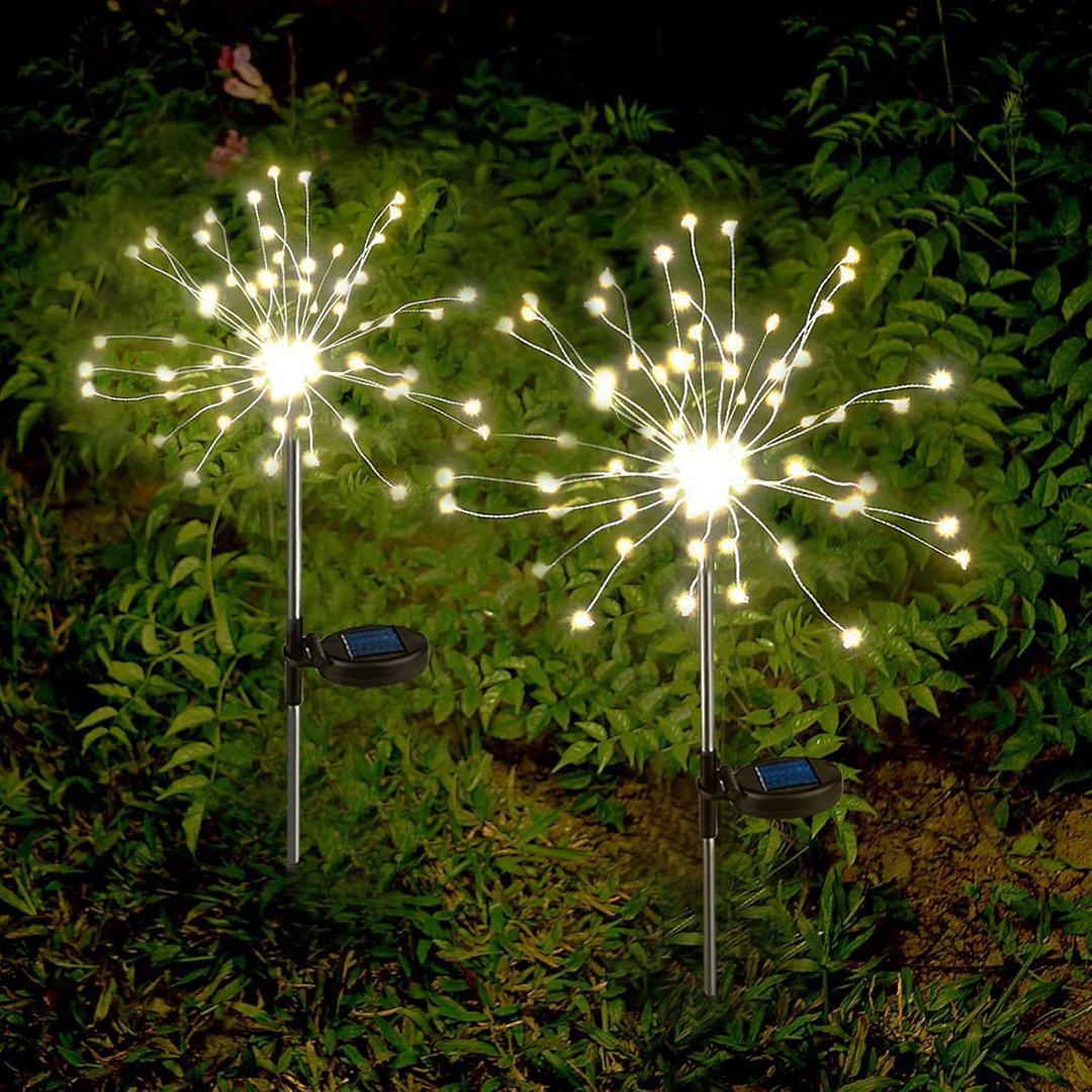 Anordsem Solar Lights Outdoor Waterproof: Garden Light Solar Powered for Yard Outside - Sparkler Fireworks Twinkle Lighting Path Decor 2 Pack - LED Starburst Gardening Gifts for Women Mom Wife (Warm White)