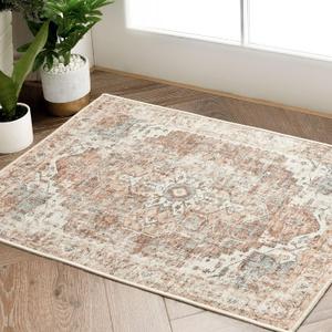 jinchan Area Rug 2'x3' Entryway Rug Washable Doormat Vintage Retro Indoor Distressed Door Mat Accent Floor Cover Lightweight Non Slip Low Pile Carpet for Bathroom Kitchen Living Room Bedroom Brick Red