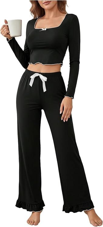Women's 2 Piece Pajama Set Fall Bow Square Neck Crop T Shirt and Tie Front Ruffle Pants Loungewear M