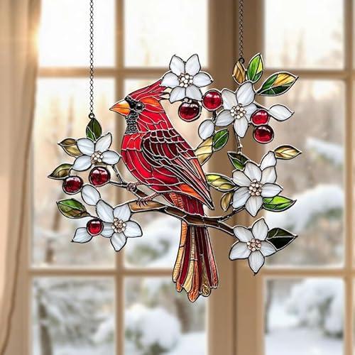 Cardinal Memorial Acrylic Suncatcher Stained Glass Effect Window Car Hanging Christmas Ornament Indoor Outdoor Decor Garden Sympathy Sun Catcher Panel for Family for Women Mom Grandma