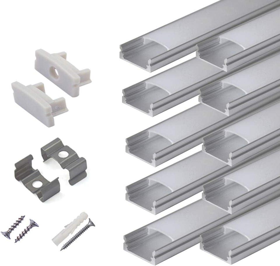 hunhun 10-Pack 6.6ft/ 2Meter U Shape LED Aluminum Channel System with Milky Cover, End Caps and Mounting Clips, Aluminum Profile for LED Strip Light Installations, Very Easy Installation