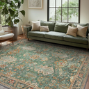 Area Rugs for Living Room 0.24inch Low Pile Faux Wool Bedroom Rug TPR Anti-Slip Backing Carpet Vintage Soft Rugs for Dining Room décor Machine Washable (Green Rust, 8 * 10)