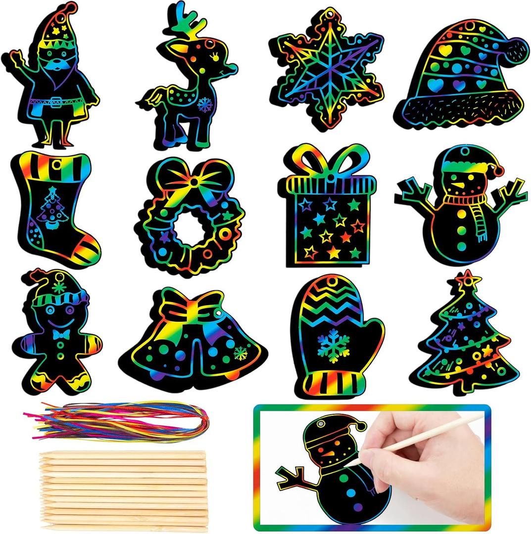 GOMANCHE 48 Pieces Christmas Scratch Art for Kids, DIY Rainbow Scratch Paper Magic Art Crafts Bulk, Christmas Hanging Ornaments for Kids Party Favors