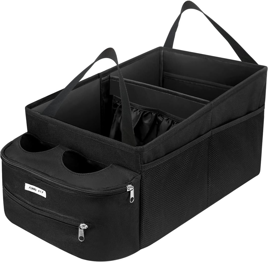 FUNNy elf Passenger Seat Organizer, Collapsible Car Storage with Partitions & 4 Cup Holders for Front or Back Seat (Black)