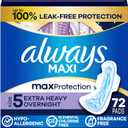 Always Maxi Overnight Pads with Wings, Size 5, Extra Heavy Overnight, Unscented, 72 Count