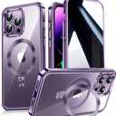 [CD Metal Ring Stand + Built-in Privacy Screen Protector] Magnetic Case for iPhone 14 Pro Max 6.7" [Soft Bumper Full Signal] [Compatible with MagSafe] 9H Glass Full Body Shockproof Clear Case, Purple