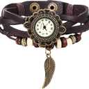 JewelryWe Women Quartz Bracelet Watch Fashion Weave Wrap Around Leather Wrist Watch Classic Bracelet Watch for Summer Beach for Valentine's Day (Feather Brown)