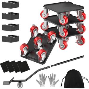 2000LBS Heavy Duty Furniture Dolly & Mover - 6.4" Carbon Steel Panel with 5X 360° Wheels, Non-Slip Sliders & Lifter for Sofa, Piano, Appliances (Red)