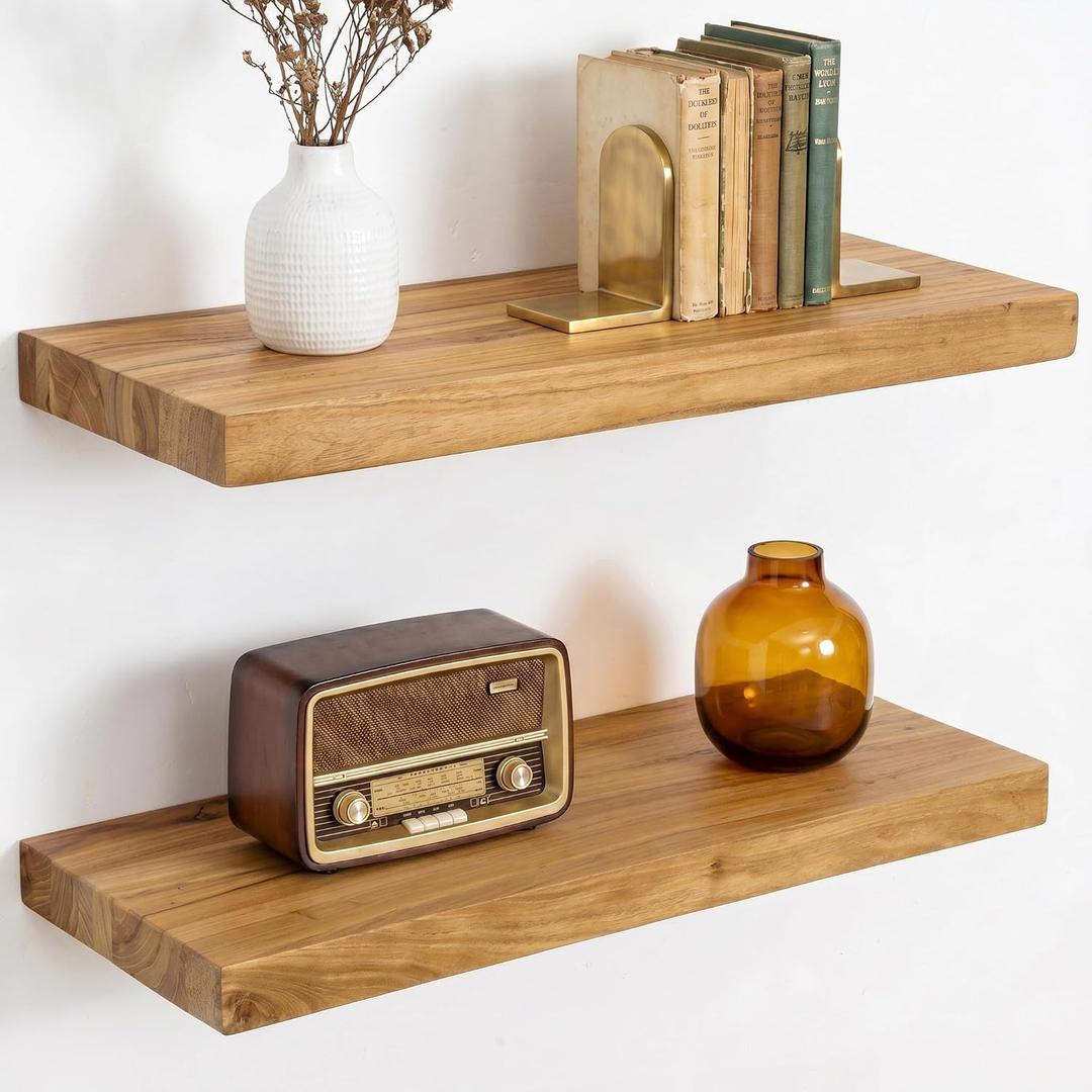 Dreamland 18 Inch Long Floating Shelves Set of 2, Rustic Solid Elm Wood Floating Shelf Wall Mounted, 8 Inch Deep Wall Shelves with Invisible Bracket for Living Room Bathroom Bedroom Kitchen, Natural, Flat Edge - 18"L