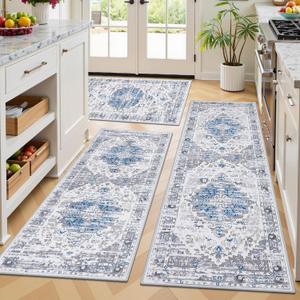 Ileading Boho Kitchen Rugs Set of 3 Washable Kitchen Mats for Floor Non Skid Farmhouse Floor Carpet for Kitchen Hallway Laundry Room,Grey/Blue,20"x32"+20"x48"+20"x59"