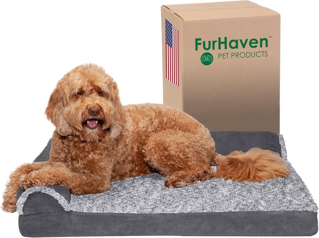 Furhaven Orthopedic Dog Bed for Large/Medium Dogs w/ Removable Bolsters & Washable Cover, For Dogs Up to 55 lbs - Two-Tone Plush Faux Fur & Suede L Shaped Chaise - Stone Gray, Large (36.0"L x 27.0"W x 6.5"Th, (Two-Tone Faux Fur & Suede) Stone Gray)