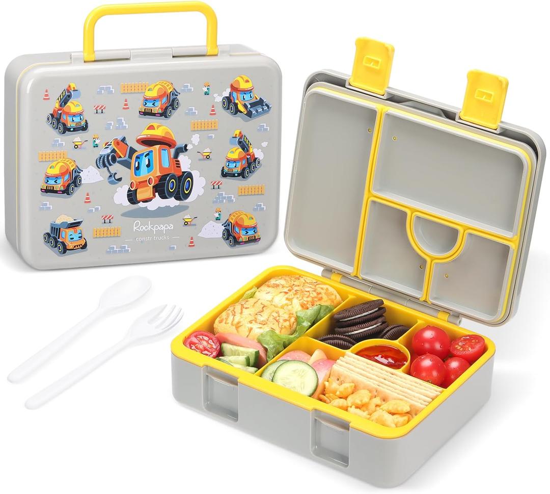 rockpapa 5 Compartment Bento Lunch Box for Kids, Leak Proof, Dishwasher Safe, BPA Free Materials, 47oz Snack Bento Box with Utensils & Handle for Boys Girls Ages 3+ (Grey Constr Trucks) (w/o Ice Pack - 9.1 x 7.5 x 2.9 inch)
