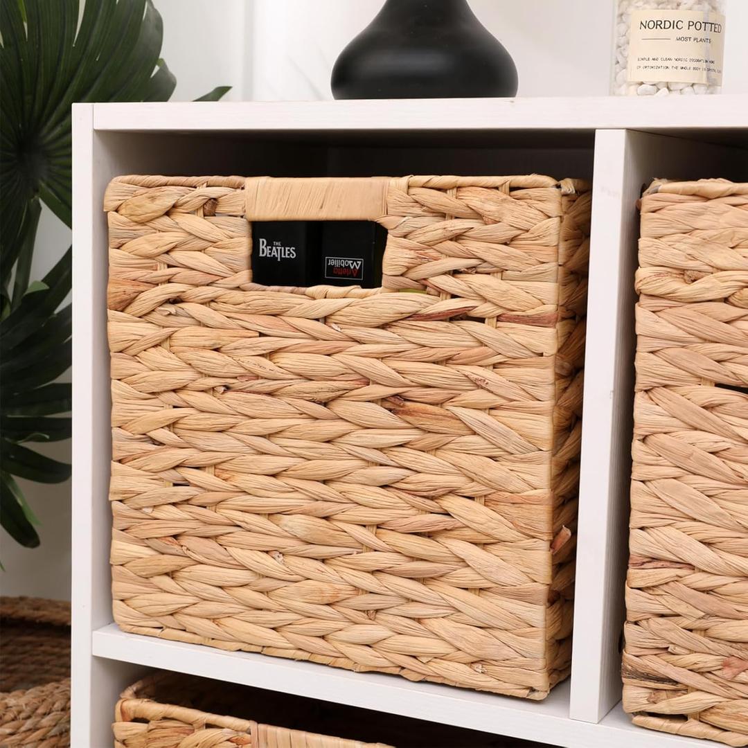 Storage Baskets 4 Pcs Water Hyacinth Cube, 11.2x11.2 inch Storage Bins, Foldable Woven Baskets for Bathroom, Bedroom, Laundry, Pantry, Shelves
