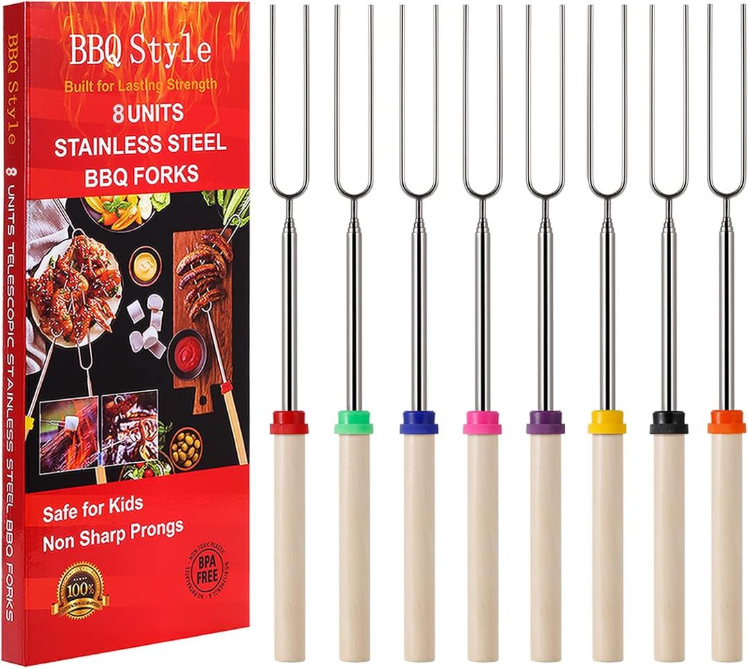 8 PCS Marshmallow Roasting Sticks, Telescoping Smores Sticks for Open Fire Pit, 32 Inch Long Marshmallow Toasting Barbecue Forks S'mores Skewers for Campfire Camping Hotdog Hot Dog Bonfire Grill