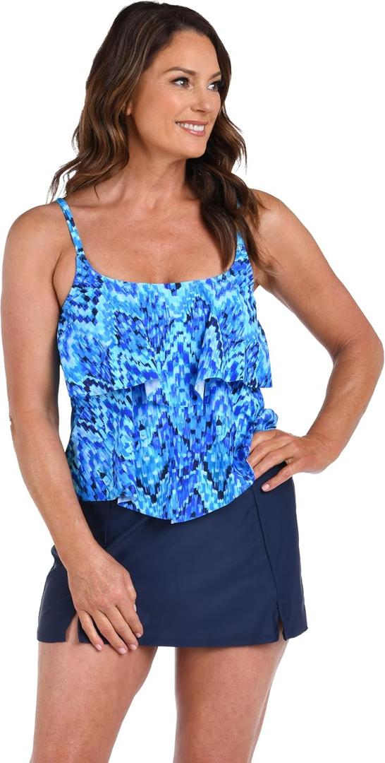 Maxine of Hollywood Women's 2-Tiered Ruffle Tankini Swimsuit Top (Blue)