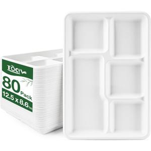 5 Compartment Paper Plates 12.5 x 8.6 inch 80- Count Compostable Disposable Divided Dinner Sectional Plates for Adults Heavy Duty Lunch Party Food Serving Trays with Dividers