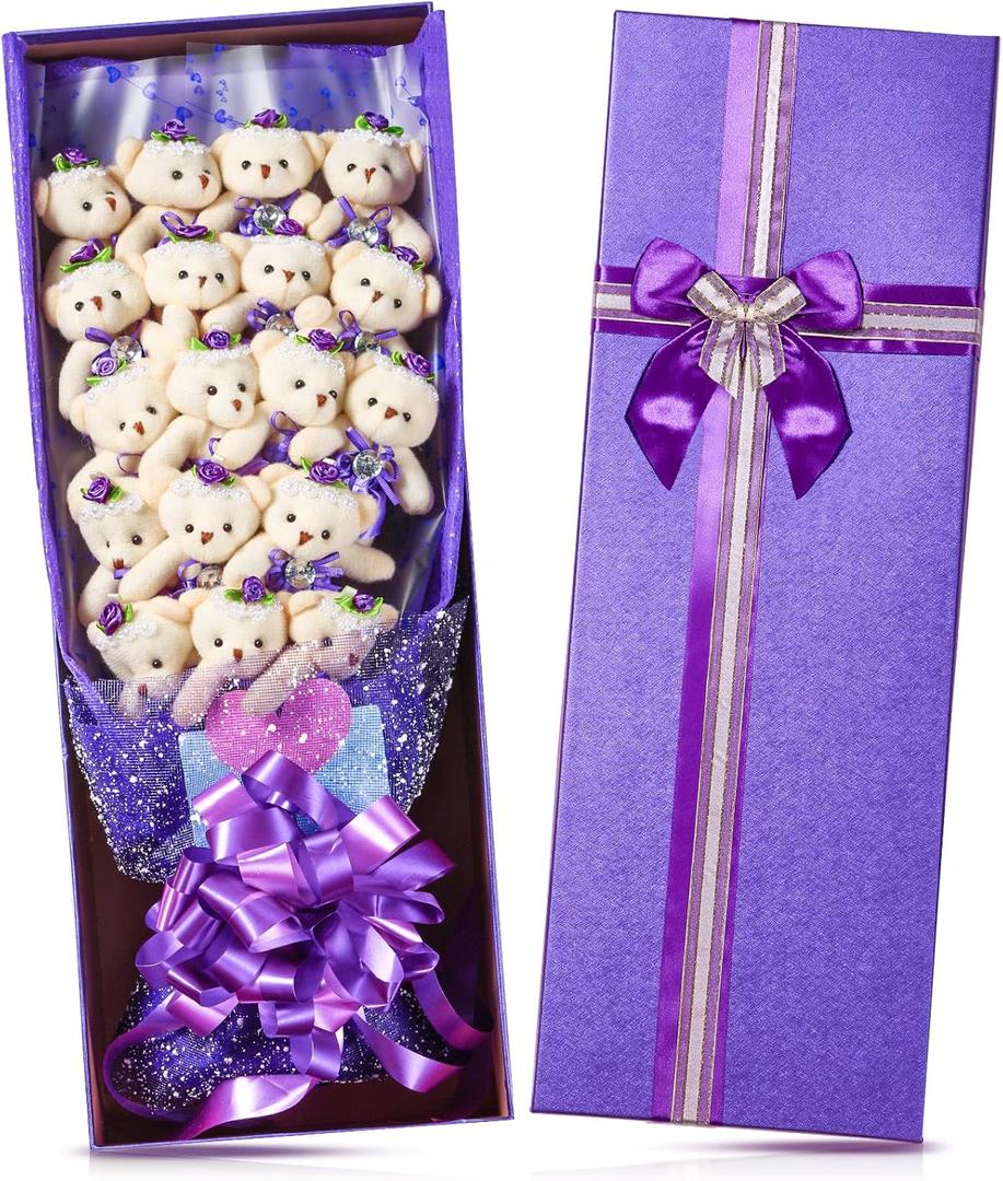 Jexine Cute Plush Bear Bouquet Wrapped Box, One Dozen Long Stemmed Flower Stuffed Plush Bears Wedding Anniversary Graduation Valentine's Day Mother's Day(Purple)
