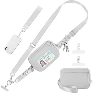 Tiostep Clip and Go Strap for Phone with Wallet Crossbody Phone Lanyard Adjustable and Detachable RFID Wristlet Wallet with ID Window and Zipper, Grey