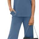 WIHOLL Two Piece Sets for Women Summer Fall Travel Vacation Outfits Short Sleeve Lounge Sets Side Slit Wide Leg Pants S-3XL (Blue, M)