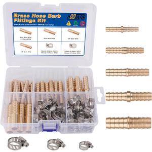 KOOTANS 32PCS Brass Hose Barb Fittings Barb Splicer Mender Hose Fittings Kit 3/16" 1/4" 5/16" 3/8" 1/2" Barbed Air Hose Fittings with 46pcs Pipe Clamps for Water Fuel Air Line Connector Fitting