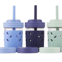 Elk and Friends Kids + Toddler Glass Cups | The Original 8oz Glass Mason Jar with Sleeves + Lids | Silicone Straws + Stopper | Smoothie Cup | Food Storage | Spill Resistant | Dishwasher Safe | 3 Pack